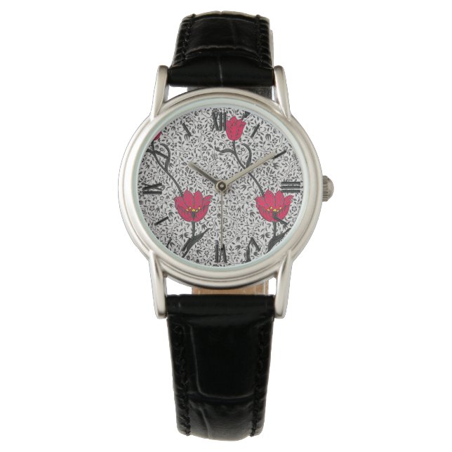 Art Nouveau Tulip Damask, Grau und Rot Armbanduhr (Vorderseite)