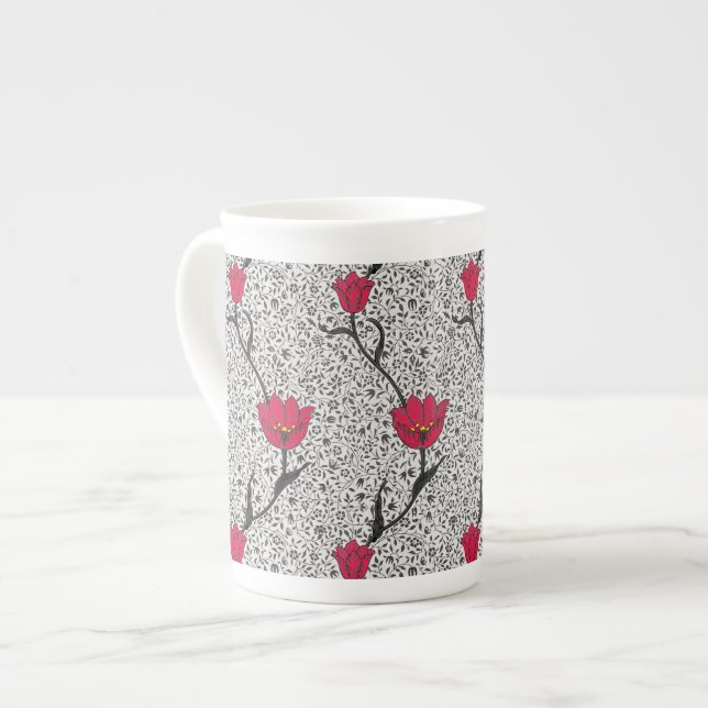 Art Nouveau Tulip Damask, Grau und Rot Prozellantasse (Vorderseite Links)