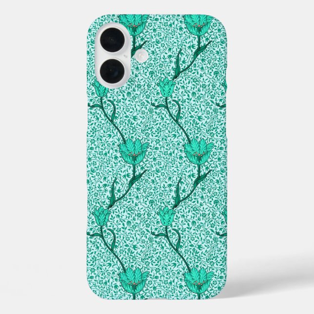 Art Nouveau Tulip Damask, Türkis iPhone 16 Plus Hülle (Rückseite)
