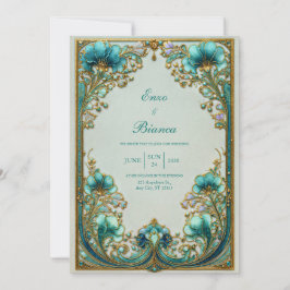 Art Nouveau Turquoise Floral Gilded Wedding Einladung