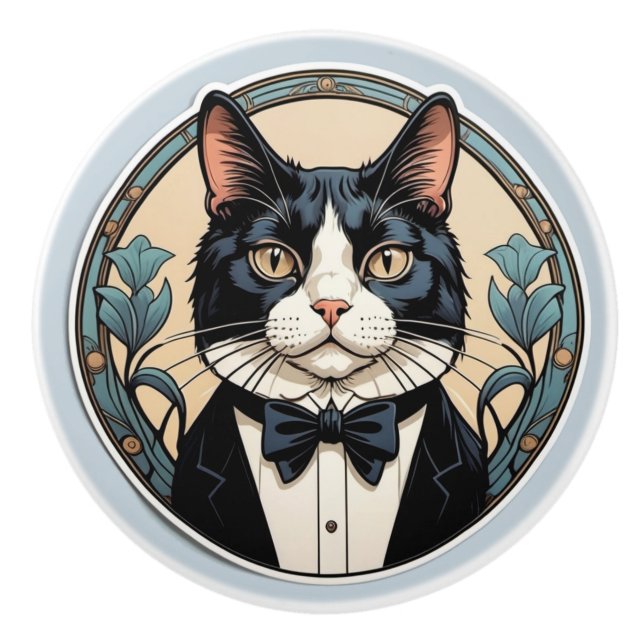 Art Nouveau Tuxedo Cat Keramikknauf (Vorderseite)