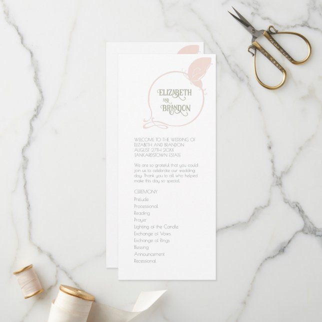 Art Nouveau Vintag Butterfly Blush Pink Hochzeit Programm (Vorderseite/Rückseite Beispiel)