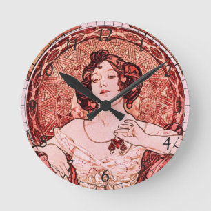 Art Nouveau Vintage The Ruby von Alphonse Mucha Runde Wanduhr