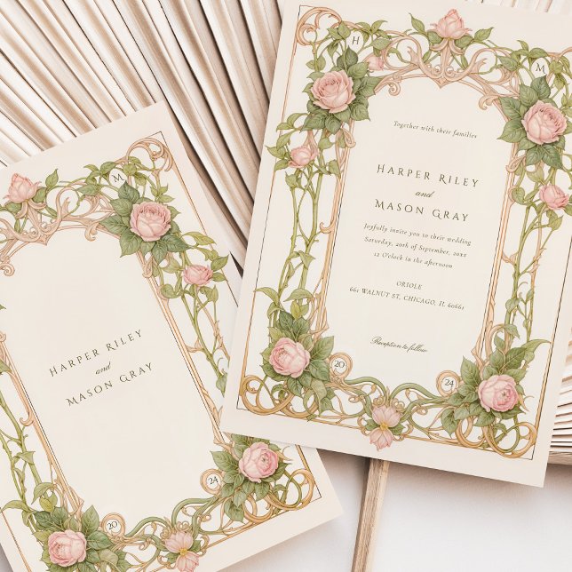 Art Nouveau Wedding Pink Roses und Grüne Einladung (Von Creator hochgeladen)