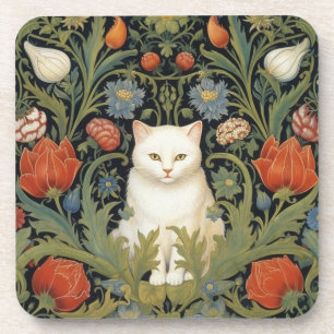 Art nouveau weiße Katze im Garten Getränkeuntersetzer