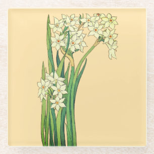 Art nouveau weiße Narzissenblumen Glasuntersetzer