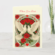 Art Nouveau Weiße Tauben und rote Rosen