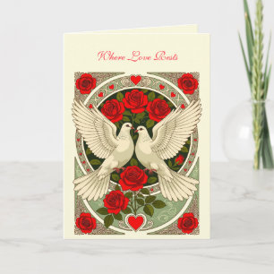 Art Nouveau Weiße Tauben und rote Rosen Karte