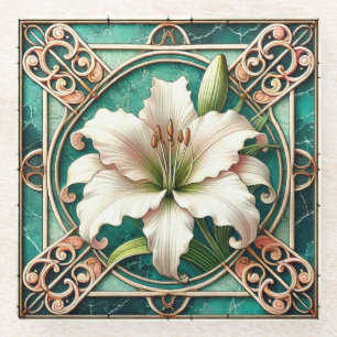 Art Nouveau White Liege Blume Motif Glasuntersetzer