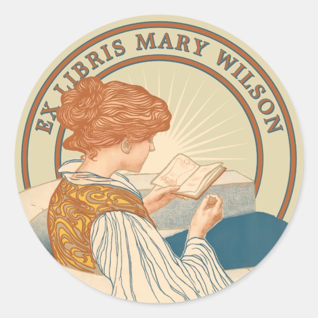 Art Nouveau Woman & Book 1900 Ex Libris Template Runder Aufkleber (Vorderseite)