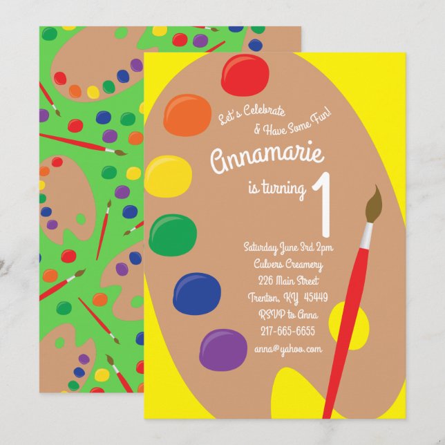 Art Paint Palette 1er Anniversaire Cute Invitation (Devant / Derrière)
