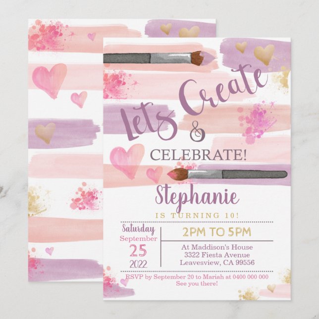 Art Party Anniversaire Invitation Girl Paint Party (Devant / Derrière)