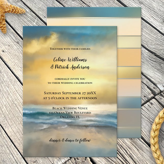 Art Peint Plage Mariage Invitation (Wedding invitation featuring an original fine art painting of a sunset at a stormy beach)