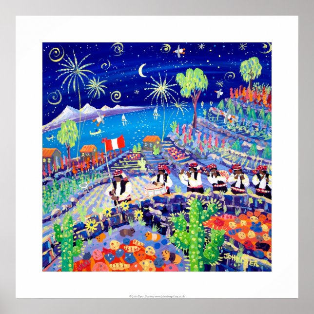 Art Print: Pachamama Pipers, Peru. Isla Taquile Poster (Vorne)