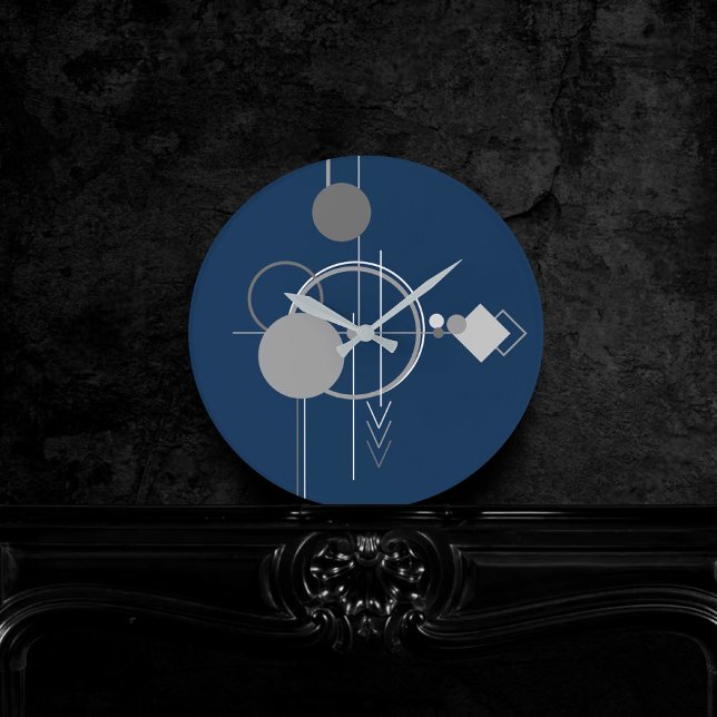 Art Tattoo Line | Abstrakt Navy Blue Charcoal Gran Runde Wanduhr (Von Creator hochgeladen)