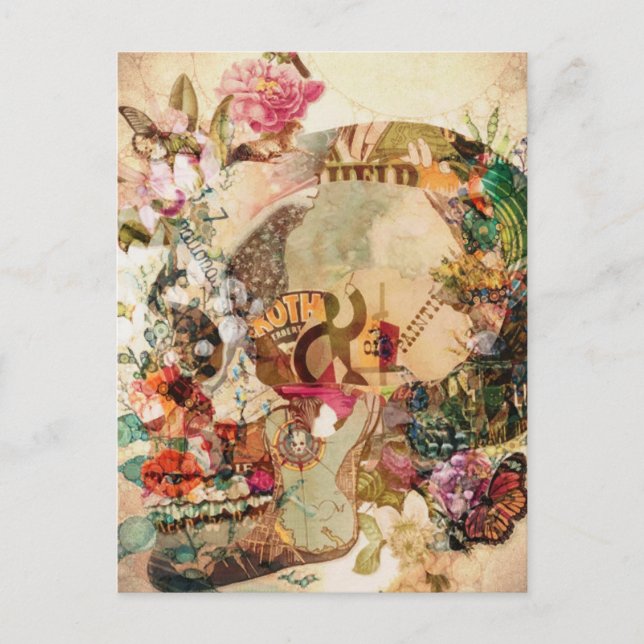 Art Vintag Sugar Skull Blume Feiertagspostkarte (Vorderseite)