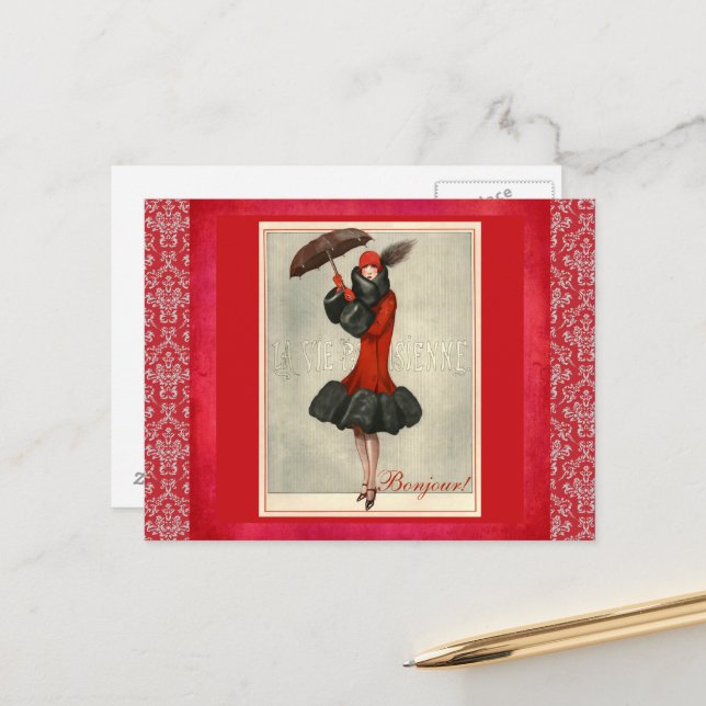 ArtDeco Red Flapper Französisch Mode Damask Postka Postkarte (Vorderseite/Rückseite Beispiel)