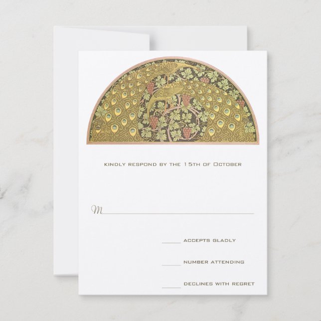 Arte Art Nouveau Vineyard Peacock Response Card RSVP Karte (Vorderseite)