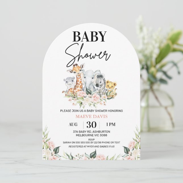 Arted Pink Floral Safari Animals Baby Dusche Einladung (Stehend Vorderseite)