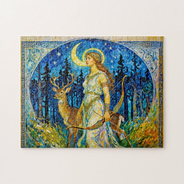 Artemis with Deer and Bow in a Starry Forest Night (Horizontal)