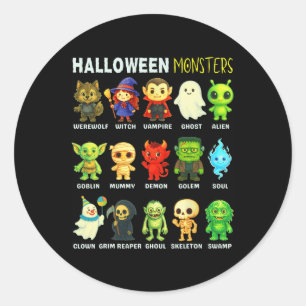 Arten von Halloween-Monstern pädagogisches Poster Runder Aufkleber