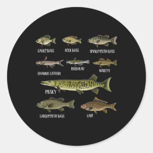 Arten von Süßwasserfischen Arten der Fischerei Runder Aufkleber