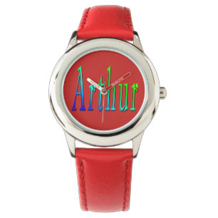 Arthur, Name, Logo, Boys Red Leather Watch. Armbanduhr