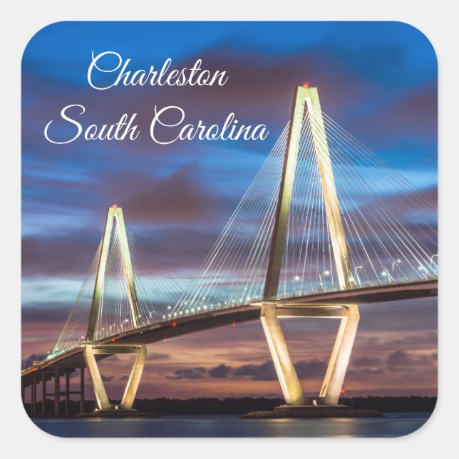 Arthur Ravenel Bridge bei Nacht Quadratischer Aufkleber (Vorderseite)