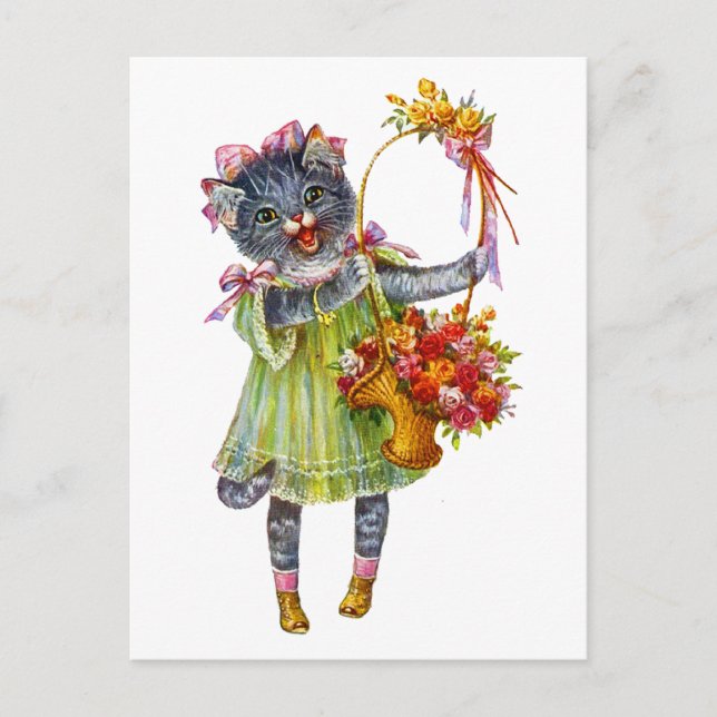 Arthur Theile Kitty Cat mit Blume Basket Postkarte (Vorderseite)