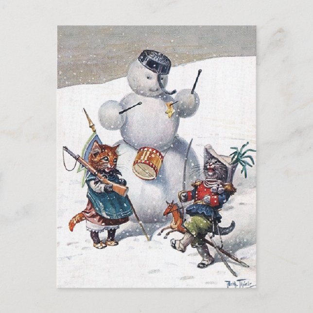 Arthur Thiele - Kittens und der Schneemann Postkarte (Vorderseite)