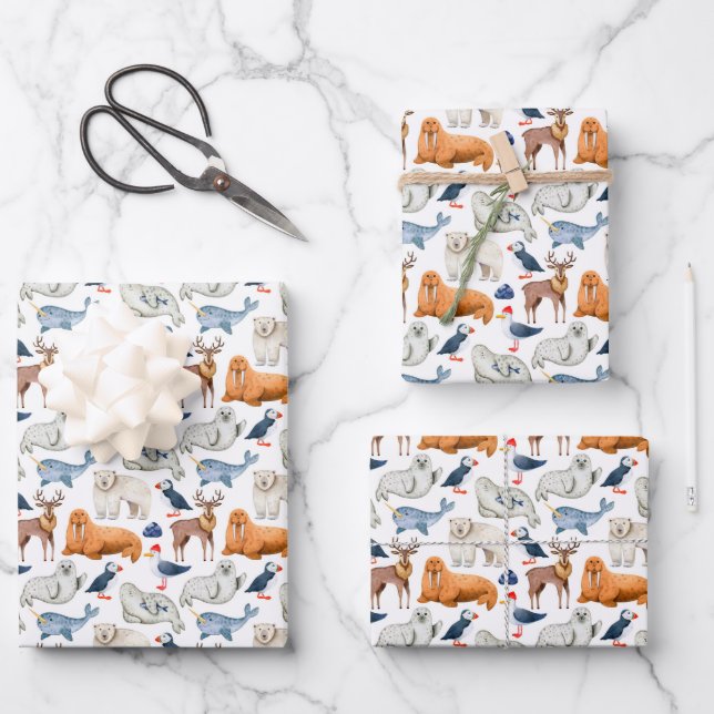 Artic Pattern Watercolor Polar Animals Siegel Walr Geschenkpapier Set (Vorderseite)