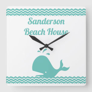 Artic Teal Blue Whale & waves Blue & White coastal Quadratische Wanduhr