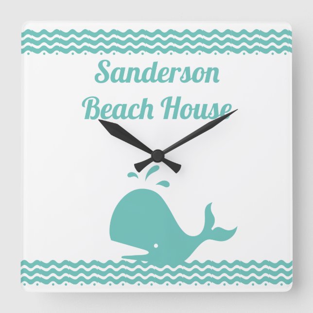 Artic Teal Blue Whale & waves Blue & White coastal Quadratische Wanduhr (Vorderseite)