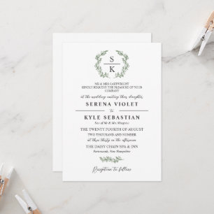 Artichoke Green Laurel Wreath Monogram Wedding Einladung