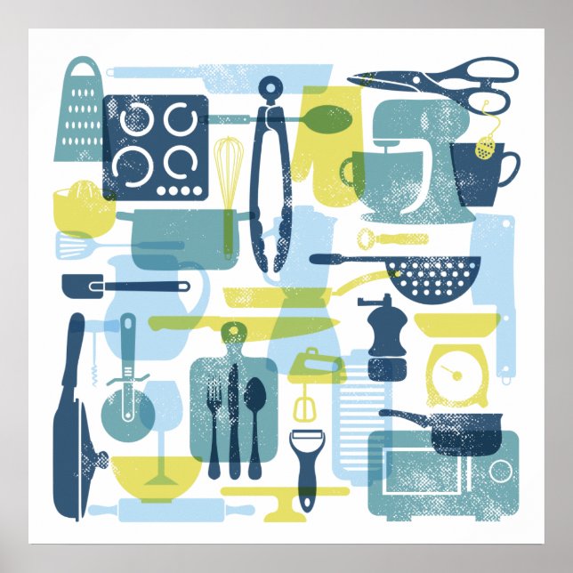 Articles de cuisine en couleurs rétro Affiche Carr (Devant)