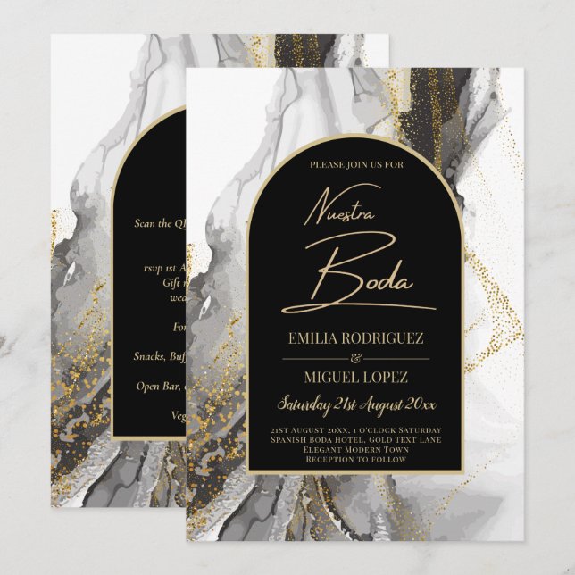 Artículo de boda negro y dorado, bilingüe einladung (Vorne/Hinten)