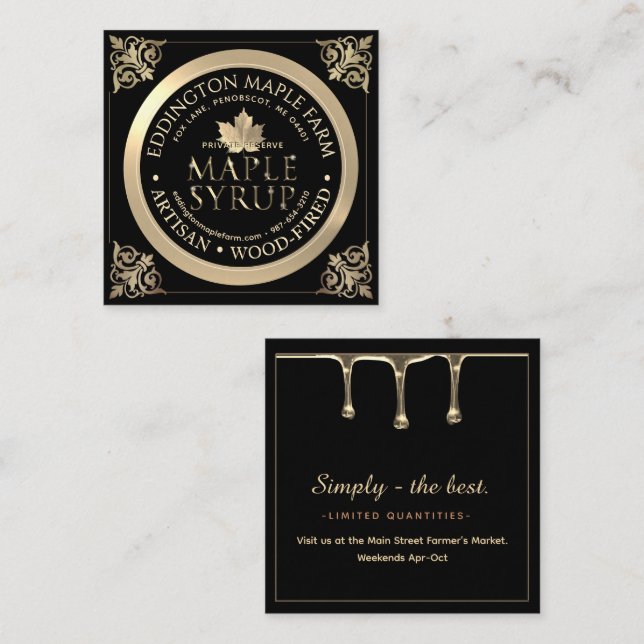 Artisan Black and Gold Maple Syrup Quadratische Visitenkarte (Vorne/Hinten)