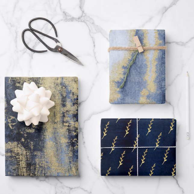 Artisan Blue & Gold bemalt Geschenkpapier Set (Vorderseite)