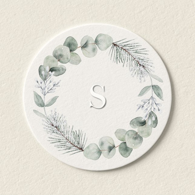 Artisan Winter Botanical Monogram Initial Elfenbei Runder Aufkleber (Artisan Winter Botanical Monogram Initial Round Sticker)