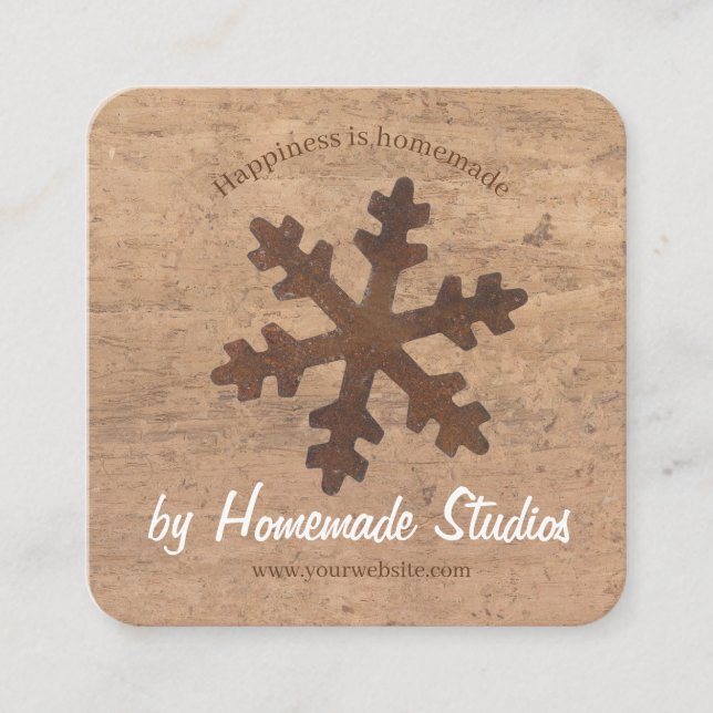 Artisan Woodgrain Rustic Snowflake 'Homemade'  Quadratische Visitenkarte (Vorderseite)