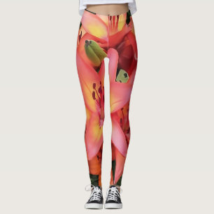 Artisitc Coral Colored Garden Lilies Leggings