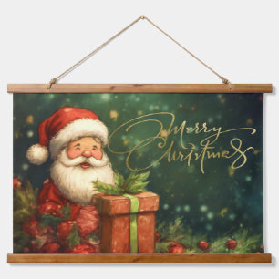 Artisitc Santa Illustration Weihnachten Rotes Grün Wandteppich Mit Holzrahmen