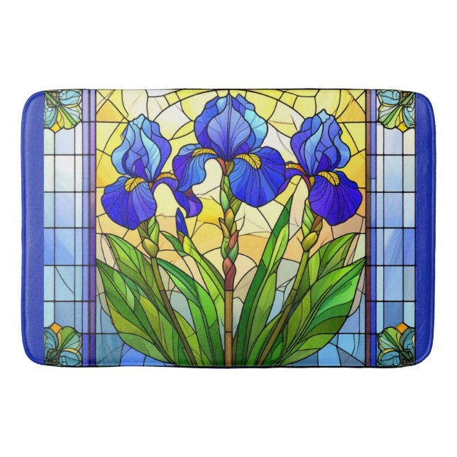 Artistic Blue Iris Floral gesteinigte Glasmatte Badematte (Vorderseite)