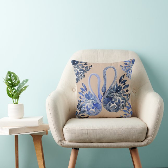 Artistic Blue Swans Watercolor Hand-painted Kissen (Stuhl )