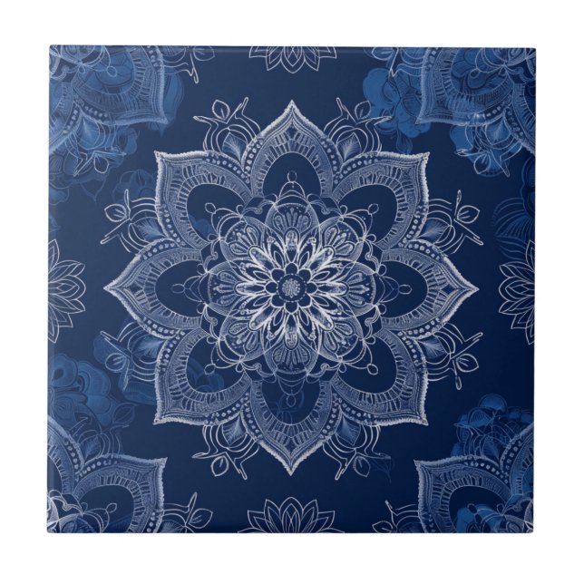 Artistic Boho Navy Blue Mandala Fliese (Vorderseite)