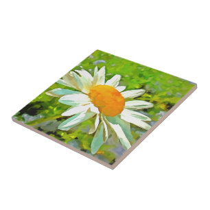 Artistic Bright Colorful White Garden Daisis v6 Fliese