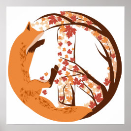 Artistic Fox Peace Sign Autumn Leaves Tree Poster