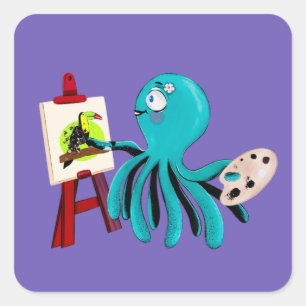 Artistic Octopus Painting A Toucan - cute and fun! Quadratischer Aufkleber