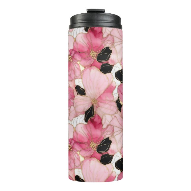 Artistic Pink Blooms Black Ink Abstract Thermosbecher (Vorderseite)