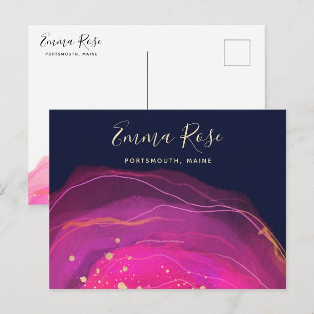 Artistic Pink Navy Watercolor Gold Spritzer Postkarte (Vorne/Hinten)